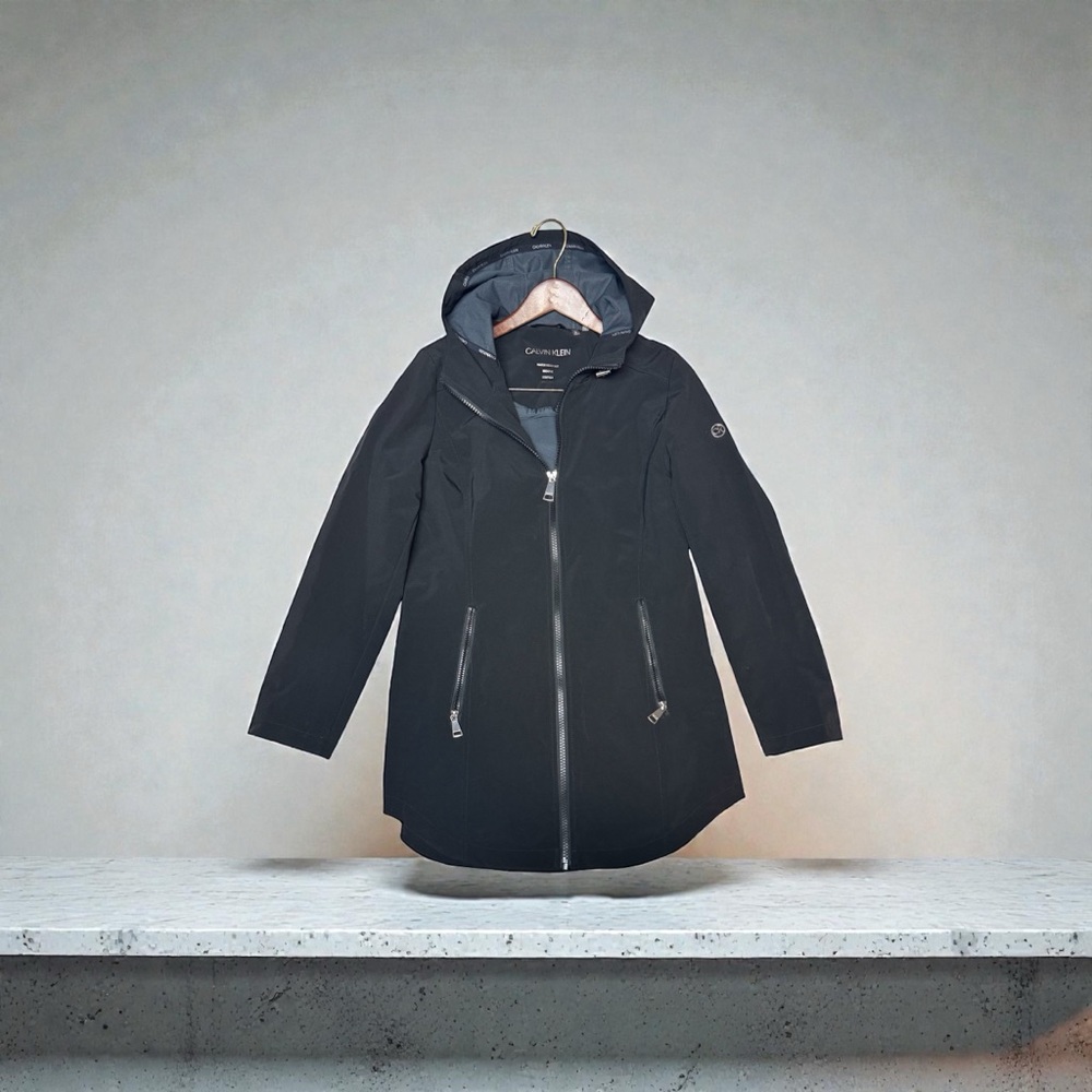 Calvin Klein Black Hooded Coat with Zipper Accents